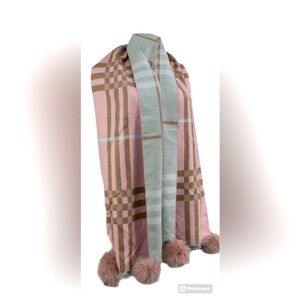 Peter Glenn Reversible Plaid Scarf Wrap w/ Fox Fur Pom-poms